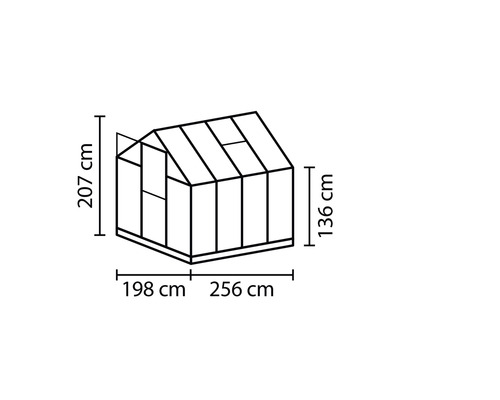 Technische Zeichnung eines Gewächshauses mit Maßangaben