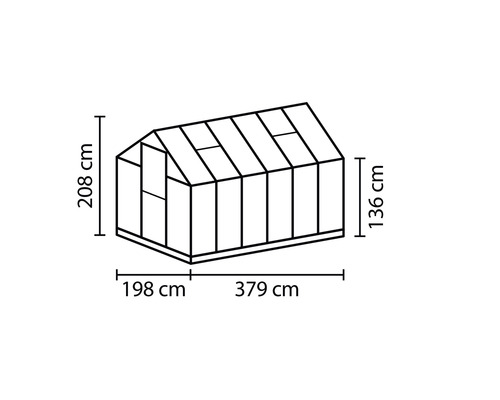 Abmessungen Gewächshaus: 379 cm Länge, 198 cm Breite und 208 cm Höhe