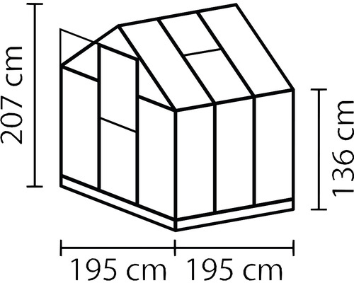 Illustration eines Gewächshauses mit Maßangaben zu Höhe und Breite