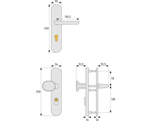 Technische Zeichnung eines Türgriffs mit Maßangaben