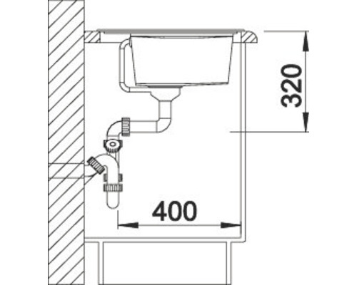 Technische Zeichnung einer Spüle mit Abmessungen