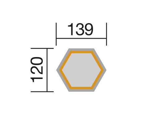 Technische Zeichnung eines Sechsecks mit den Maßen 120 und 139