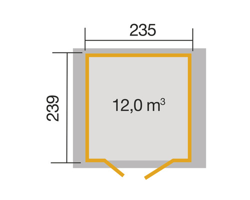 Grundriss mit den Maßen 235 mal 239 Zentimeter und einem Volumen von 12 Kubikmetern