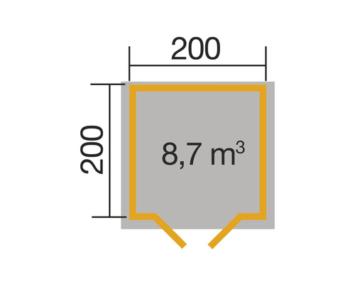 Grundrisszeichnung mit den Maßen 200 mal 200 Zentimeter und einem Rauminhalt von 8,7 Kubikmetern