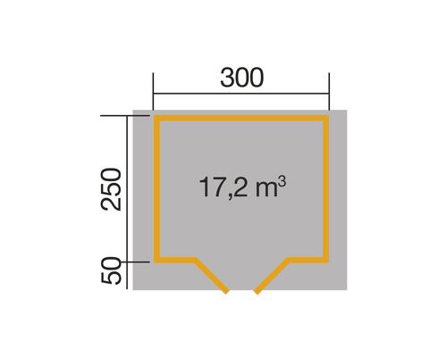 Grundrisszeichnung mit den Maßen 300, 250 und 50, sowie Angabe der Raumgröße 17,2 Kubikmeter