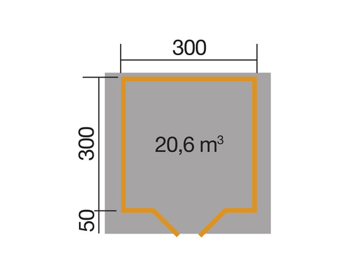 Grundrisszeichnung mit Maßangaben: Seitenlänge 300 Zentimeter, zusätzlicher Abschnitt 50 Zentimeter, 20,6 Kubikmeter Rauminhalt