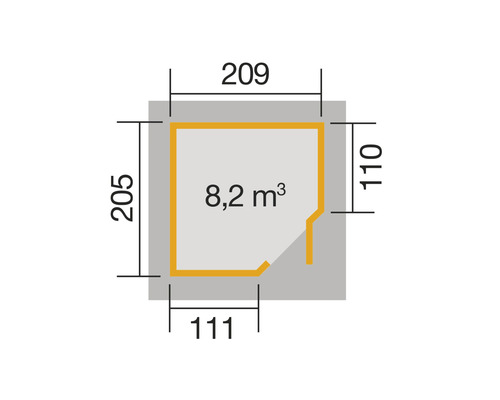 Grundriss mit Maßangaben: 205 x 209 x 110 x 111, Fläche: 8,2 Kubikmeter