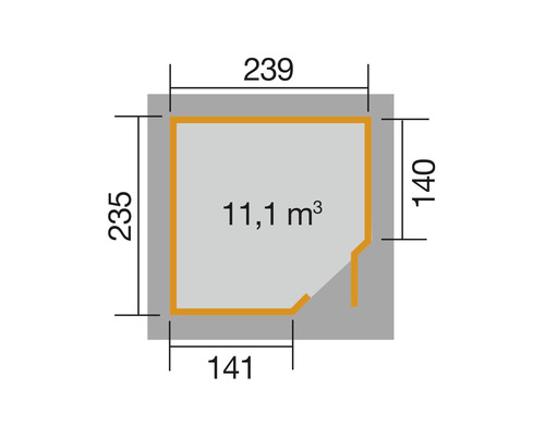 Grundriss mit den Maßen 239 mal 235 mal 140 mal 141 und 11,1 Kubikmeter