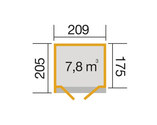 Grundriss mit den Maßen 205 x 209 x 175 cm und 7,8 Kubikmeter Rauminhalt