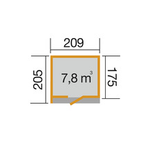 Grundrisszeichnung mit Abmessungen: 205 mal 209 mal 175 Zentimeter, Volumen 7,8 Kubikmeter