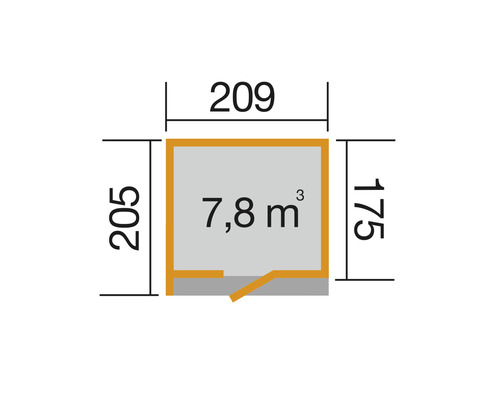 Grundrisszeichnung mit Abmessungen: 205 mal 209 mal 175 Zentimeter, Volumen 7,8 Kubikmeter