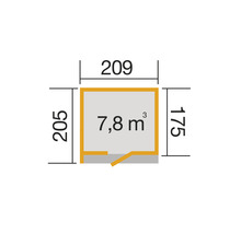 Grundrisszeichnung mit den Maßen 205, 209 und 175 Zentimeter sowie 7,8 Kubikmeter Rauminhalt