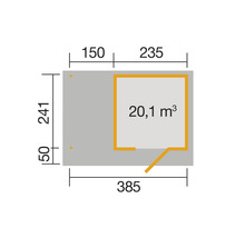 Grundriss mit Maßangaben zu einem Gerätehaus, Volumen 20,1 Kubikmeter