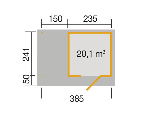 Grundriss mit Maßangaben zu einem Gerätehaus, Volumen 20,1 Kubikmeter