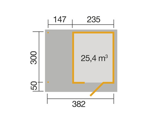 Grundrisszeichnung mit Abmessungen und Volumenangabe von 25,4 Kubikmetern