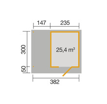 Grundrisszeichnung mit den Maßen 382 x 300 cm und einem Volumen von 25,4 Kubikmeter