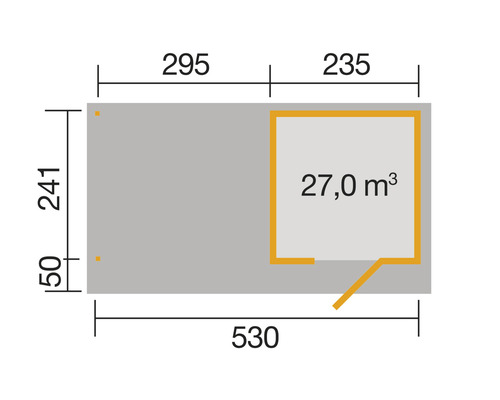 Grundriss mit Maßangaben in Zentimetern und Kubikmetern