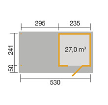 Grundriss mit Abmessungen und Volumenangabe 27,0 Kubikmeter