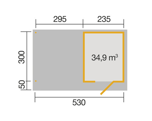 Grundriss mit Maßangaben in Zentimeter und Volumenangabe in Kubikmeter