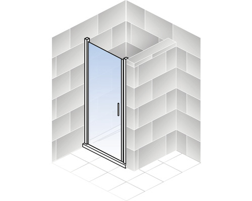 Eckdusche mit Glastür und Griff in einem Badezimmer