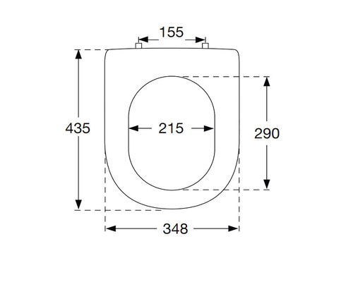 Technische Zeichnung eines Toilettendeckels mit Maßangaben