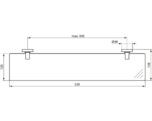 Technische Zeichnung einer Badablage mit Maßangaben