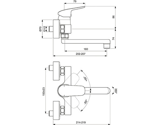 Technische Zeichnung einer Armatur mit Maßangaben