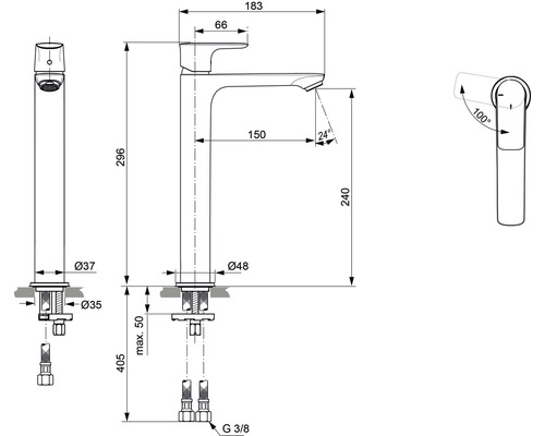 Technische Zeichnung eines Wasserhahns mit Maßangaben