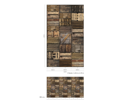 Tapete mit Holzboxen-Design, Maße 1,59 Meter mal 2,70 Meter