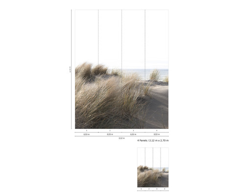 Vliestapete mit Dünenmotiv und Maßangaben