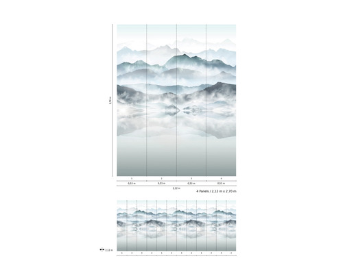 Vliestapete mit Bergmotiv und See-Spiegelung, bestehend aus 4 Bahnen