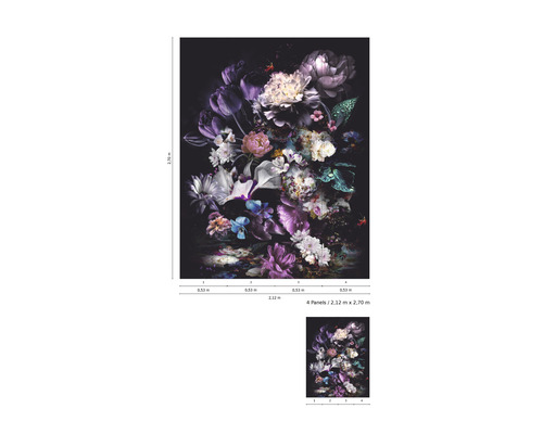 Fototapete mit dunklem Blumenmotiv und den Maßen 2,12 Meter x 2,70 Meter