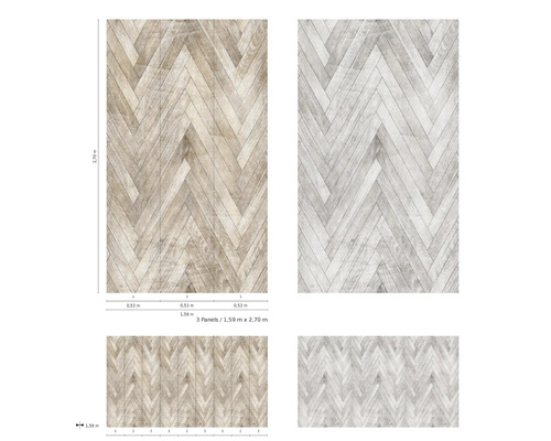 Abbildung von zwei Tapeten mit Fischgrätmuster und Größenangaben