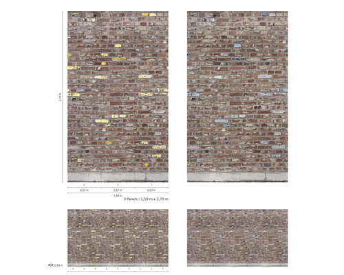 Fototapete mit Backsteinmauer Motiv, bestehend aus drei Paneelen