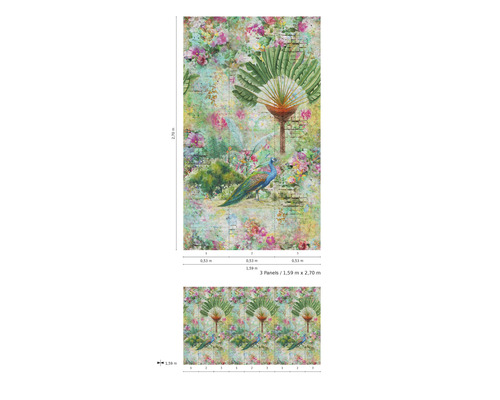 Fototapete mit Pfau-, Blumen- und Pflanzenmotiv