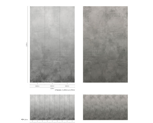 Vliestapete in Betonoptik, bestehend aus drei Bahnen mit den Maßen 1,59 Meter mal 2,70 Meter