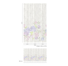 Fototapete mit Blumenmuster und Holzoptik, bestehend aus drei Bahnen