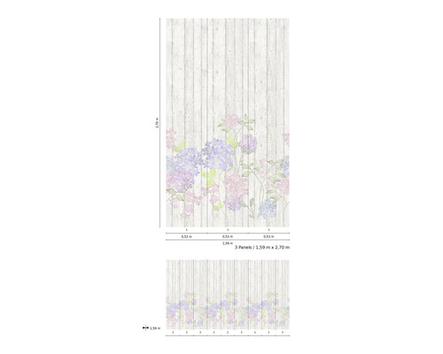 Fototapete mit Blumenmuster und Holzoptik, bestehend aus drei Bahnen