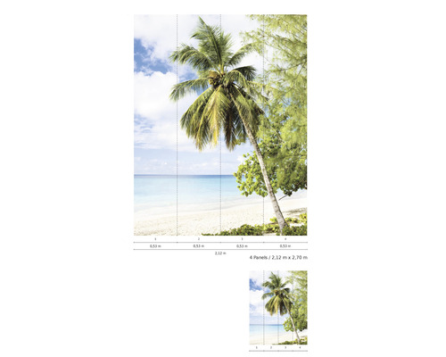 Fototapete mit Strandmotiv, Palmen und Meer, bestehend aus vier Teilen.