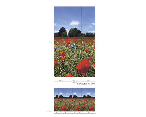 Fototapete mit Mohnblumenwiese, bestehend aus drei Bahnen