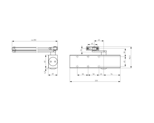 Technische Zeichnung eines Türschließers mit Maßangaben