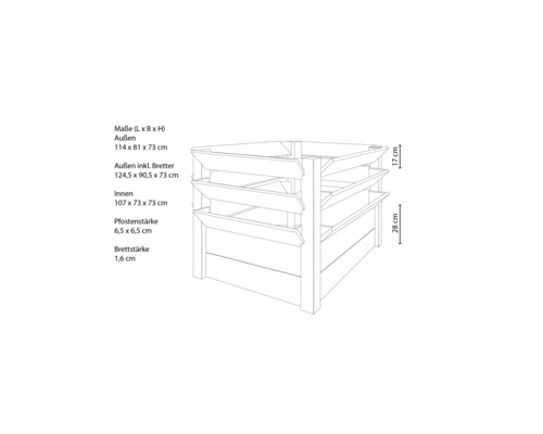 Technische Zeichnung eines Hochbeets mit Maßangaben.
