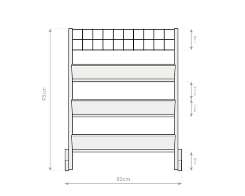 Dimensionsdarstellung eines Pflanzgefäßes mit mehreren Ebenen, circa 95 cm hoch und 80 cm breit.