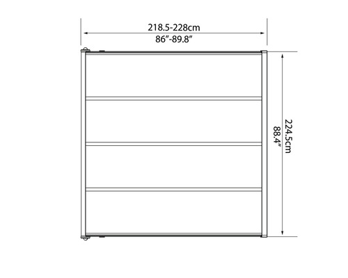 Technische Zeichnung eines Regals mit den Maßen 218,5 bis 228 Zentimeter Breite und 224,5 Zentimeter Höhe.