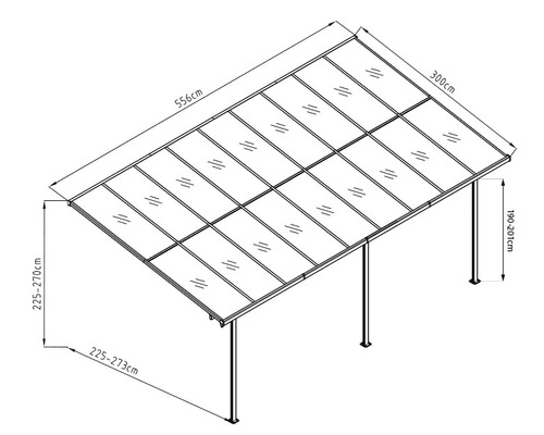 Technische Zeichnung einer Terrassenüberdachung mit Maßangaben