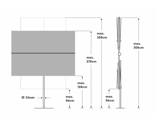 Maßzeichnung einer Stehleuchte mit maximaler Höhe von 308 Zentimeter