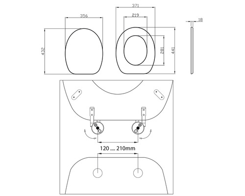 Technische Zeichnung eines WC-Sitzes mit Maßangaben