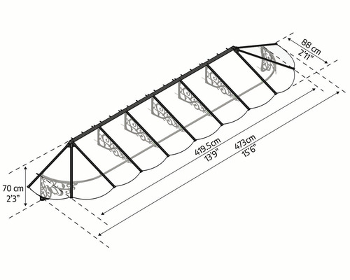 Abmessungen eines Vordachs: 70 Zentimeter Höhe, 88 Zentimeter Tiefe, 419,5 Zentimeter Breite und 473 Zentimeter Länge