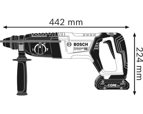 Abbildung des Bohrhammers mit den Maßen 442 Millimeter Länge und 224 Millimeter Höhe