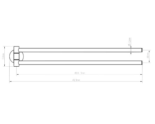 Technische Zeichnung eines Metallstabs mit Abmessungen